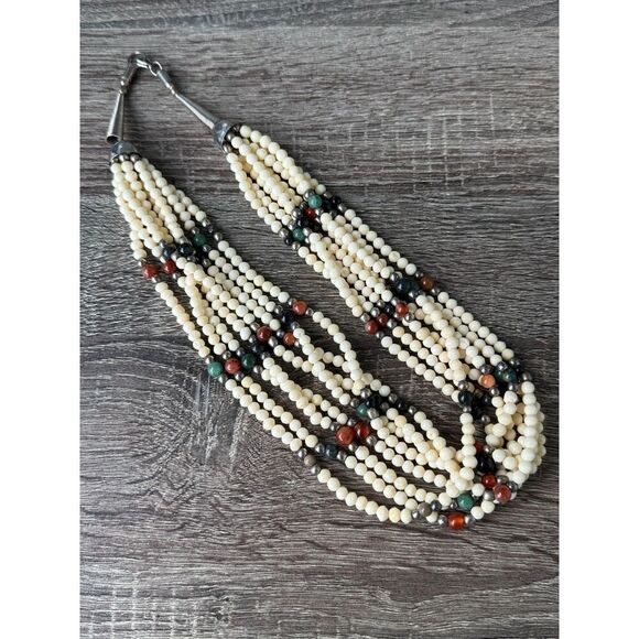 Vintage Torsade Style Bone Beads With Jade Quartz Carnelian Stone Necklace 22" - Picture 2 of 2